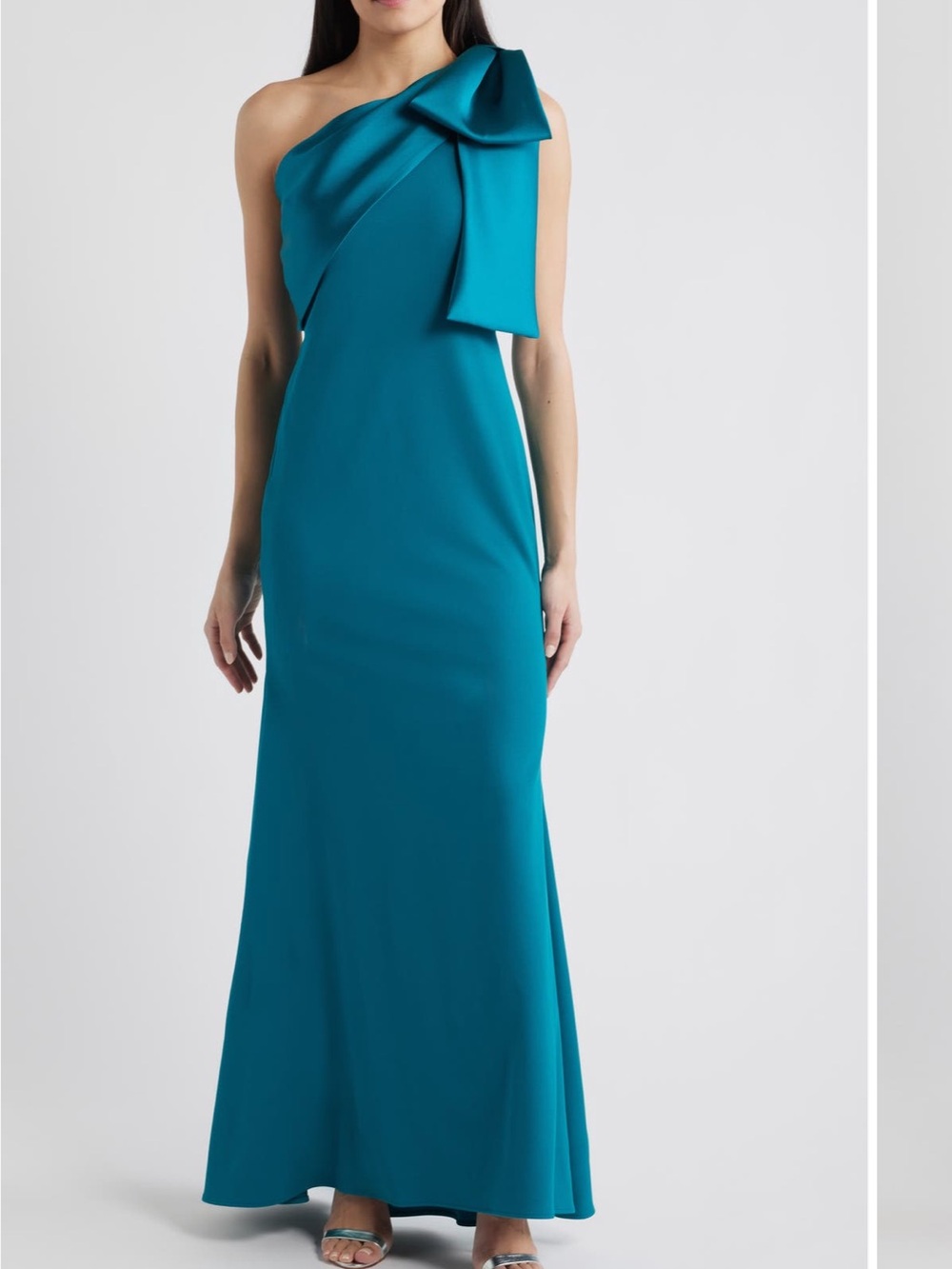 Betsy & Adam Bow One-Shoulder Crepe Mermaid Gown Teal Size 8 NWOT Formal Dress